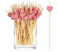 COMNICO 100 Pack Heart Shaped Fruit Toothpicks 4.7 Inches Pink Cute Mini Bamboo Wooden Skewers Colored Food Decoration Sticks Cocktails Appetizers Fruit Cakes Desserts BBQ Snacks Sandwiches