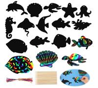COMNICO 36pcs Scratch Paper Art Ocean Animals Scratch 12 Styles Rainbow Fish with Wooden Stick and Ribbon Summer Scratch Card for DIY Crafts Home Decoration Rainbow Arts Under the Sea Party