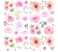 COMNICO 60pcs Pink Flower Wall Sticker Watercolor PVC Peel and Stick Wall Decals Cute Peony Floral and Leaves Pastel Flower Decor for Kids Bedroom Living Room Baby Nursery Kindergarten
