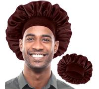 COMNICO Bonnet for Men, Silk Satin Sleep Cap Single Layer Elastic Band Stretchy Tie Band Wide Adjustable Hair Cap Large Silk Bonnets for Women Curly Hair Sleeping Black (Coffee Brown)