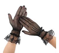 COMNICO Ladies Short Lace Gloves Elegant Mesh Cutout Fishnet Sleeves 1920s Halloween Cosplay Gloves Floral Hand Accessories Bride Wedding Dinner Dress Evening Costume for Women Tea Party Opera (Black)