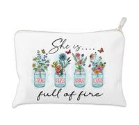 COMODBAG She Is Strong Fierce Brave Loved Makeup Bag, Inspirational Floral Cosmetic Pouch with Positive Quote, Linen Zipper Accessory Bag for Daily Use, Encouragement Gift for Her