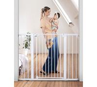 COMOMY 91.5cm Extra Tall Baby Gate for Stairs Doorways, Fits Openings 75-124cm Wide, Auto Close Extra Wide Dog Gate for House, Pressure Fit Easy Walk Through Pet Gate with Door, White