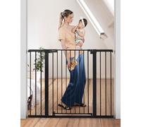 COMOMY 91.5cm Extra Tall Baby Gate for Stairs Doorways, Fits Openings 75-124cm Wide, Auto Close Extra Wide Dog Gate for House, Pressure Fit Easy Walk Through Pet Gate with Door, Black