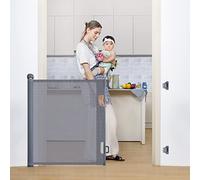 COMOMY Retractable Baby Gate for Stairs, 0-140cm Mesh Dog Gate for House Doorways Hallways, 84cm Tall Extra Wide Child Safety Gate for Kids Pets, Indoor and Outdoor (Grey)