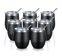 COMOOO Black Stainless Steel Wine Tumbler Bulk with Lid and Straw 12oz Double Wall Vacuum Insulated Wine Tumbler Cup for Hot and Cold Drinks, Coffee, Wine, Cocktails (Black, 8)
