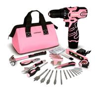 COMOWARE 12V Pink Cordless Drill Driver and Home Tool Kit, Pink Drill Set for Women, Lady's Home Repairing Tool Kit with Power Drill, Large-Capacity Tool Storage Bag Included