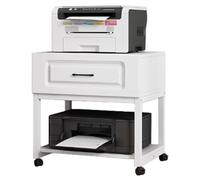 Compact 2-Tier Printer Stand with Storage Drawer - Heavy-Duty Mobile Printer Cart for Scanner & Media Player - Stylish Black Frame & Light Walnut Finish - 50cm