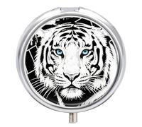 Compact 3 Compartment Round Pill Organizer, Portable Travel Pillbox Black White Tiger Pill Case Daily Medicine Container for Men Women
