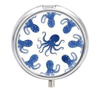 Compact 3 Compartment Round Pill Organizer, Portable Travel Pillbox Blue Octopus Pill Case Daily Medicine Container for Men Women