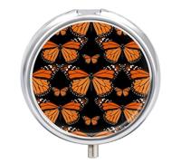 Compact 3 Compartment Round Pill Organizer, Portable Travel Pillbox Orange Monarch Butterflies Pill Case Daily Medicine Container for Men Women