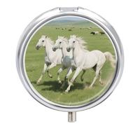 Compact 3 Compartment Round Pill Organizer, Portable Travel Pillbox Prancing White Horse Pill Case Daily Medicine Container for Men Women