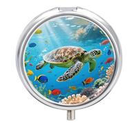 Compact 3 Compartment Round Pill Organizer, Portable Travel Pillbox Sea Turtle Colorful Fish Pill Case Daily Medicine Container for Men Women