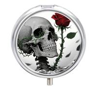 Compact 3 Compartment Round Pill Organizer, Portable Travel Pillbox Skeleton Red Rose Pill Case Daily Medicine Container for Men Women