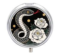 Compact 3 Compartment Round Pill Organizer, Portable Travel Pillbox Snake Red Flower Pill Case Daily Medicine Container for Men Women