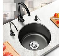 Compact 304 Stainless Steel Round Kitchen Sink for Campervans - Black Nano Finish Single Bowl Design Complete Waste Kit & Installation Hardware Ideal for RVs and Tiny Homes