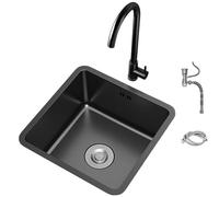 Compact 35x35cm Small Single Bowl Undermount Kitchen Sink, Nano Black 304 Stainless Steel, with Included Faucet, Ideal for Workstation & Small Spaces