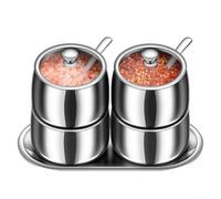 Compact 4 Piece Stainless Steel Spice Jar Set with Lids Spoons and Tray for Organizing Kitchen Condiments and Flavors