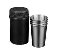 Compact and Stackable 4 Piece Stainless Steel Cup Set with Leather Pouch for Efficient Space Saving Storage (70ML)