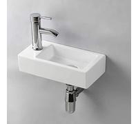 Compact Bathroom Sink Ceramic, Small Rectangle Cloakroom Basin Wall Mounted Gloss White Left Hand