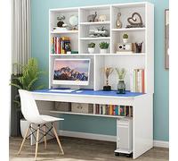 Compact Blue Computer Desk with Bookshelf Modern Wood Writing Table for Small Spaces Ideal Teens Students and Home Office Includes Hutch Additional Storage 47 Inch