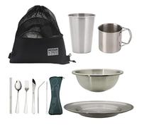 Compact Camping Mess Kit for 1 Person, Reusable Camping Dish Set, Polished 304 Stainless Steel Complete Camping Plates Cups and Bowls Set with Mesh Bag for Backpacking, Hiking