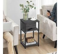 Compact Charging Nightstand, Narrow Bedside Table With Power Station, Small Space Table, Charcoal Grey And Ink Black
