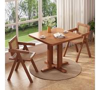 Compact Dining Table Set for 2 Wooden Kitchen Table with Rattan Chairs Solid Pine Legs Stylish Cactus Design Ideal for Small Spaces Breakfast Nook & Cozy Apartments