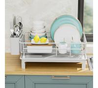 Compact Dish Drying Rack for Small Kitchens with Two-Tier Layout Drain Tray and Adjustable Cutlery Basket Placement (black)