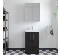 Compact Floor Standing 2 Door Vanity Basin Unit with Polymarble Basin - 500mm - Woodgrain Charcoal Black