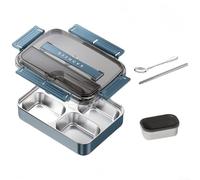 Compact Four Compartment Stainless Steel Lunch Box with Leakproof Lids and Utensils Set, Includes Soup Container for Warm Meals in Any Setting (Blue)