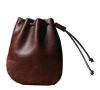 Compact Full Grain Cowhide Leather Coin Purse, Vintage Drawstring Wallet, 4.7 X 4.7 Inches, Smooth Chocolate Texture