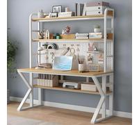 Compact Gaming Desk with Storage Shelves & Pegboard - 31 Inch Teen Study & Work Desk for Bedroom or Home Office - Stylish Brown & White Design