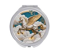 Compact Hand Mirror with 1x/2x Magnifying Round Travel Makeup Mirror Mini Foldable Pegasus Cloud Flight Cosmetic Mirrors Travel Essentials Gift for Women Girl Portable for Pocket Purse -Silver