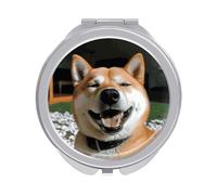 Compact Hand Mirror with 1x/2x Magnifying Round Travel Makeup Mirror Mini Foldable Shiba Inu Smile Tongue Out Cosmetic Mirrors Travel Essentials Gift for Women Girl Portable for Pocket Purse -Silver
