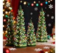 Compact Holiday Decor with Retro Hand Painted Tabletop Christmas Trees Featuring LED Lights and Timer (15cm)