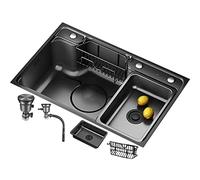 Compact Home/Commercial Sinks Compact Home/Commercial Sinks Drop In Black Japanese-Style Sink With Hanging Basket, 304 Stainless Steel Sink Workstation, Nanocoating Singl,Black Sink-80*48Cm