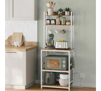 Compact Kitchen Rack With Power, Coffee Station With Outlet, Baker's Storage, Steel Frame, Rustic Walnut And White
