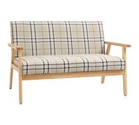 Compact Loveseat Couch Double Seat Sofa with Lattice Pattern and Rubber Wood Frame Beige and Coffee