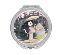 Compact Makeup Mirror with 1x/2x Magnification -Kimono-wearing-witch-cat Folding Travel Mirror for Purses, Portable Double-Sided Pocket Mirrors for Women, Ideal for Travel, Makeup, And On-the-Go Use