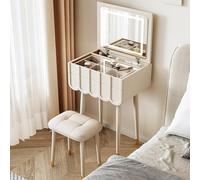 Compact Makeup Vanity Set, Adjustable Mirror, Upholstered Stool, Wooden Dressing Table for Bedroom, Metal Legs, White Finish, 40cm/15.7in - Stylish & Functional