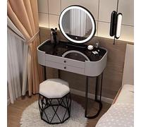 Compact Makeup Vanity Set with LED Mirror Bedroom Dressing Table Upholstered Stool 2 Large Drawers Black Tempered Glass Stylish Grey Finish (60 cm)