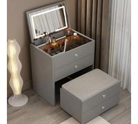 Compact Makeup Vanity Set with Mirror & Stool - Stylish Dressing Table with Spacious Drawers & Hidden Storage - Grey Wooden Beauty Station for Bedroom, 60cm (23.6in)