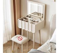 Compact Makeup Vanity Table with Flip Top Mirror Wooden Dressing Desk with Storage Drawers Adjustable Tri Color Lighting Space Saving Design 60cm/23.6in Modern White Finish