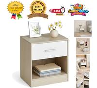 Bedside Table with Open Compartment and Drawer, Natural Beige + Classic White