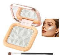 Compact Peach-Pink Highlighting Palette with Mirror and Brush - Silver-White Diamond-Cut Powder for Luminous Cheekbones, Brow Bones, Nose Bridge Glow and Shimmering Makeup Effect