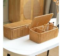 Compact rattan For storage basket with lid, featuring multiple compartments to separate and organize cosmetics, jewelry, and toiletries for clutter-free living spaces (Small)