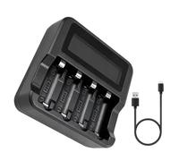 Compact RCR123A Battery Dock, 4 Slot Upright Body, LCD Display, Type-C Input, Fits 16340 Rechargeable Cells, Black Finish, Desktop