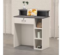 Compact Reception Desk 100cm Wooden Checkout Counter with Locking Drawer Ideal for Office Salon Lobby - Stylish White & Gray Design Space-Saving Solution