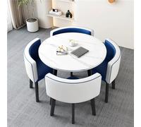Compact Round Dining Table Set for 4 - Space-Saving Kitchen Table with Waterproof Chairs Stylish Marble Design for Family Meals & Entertaining (Blue & White)